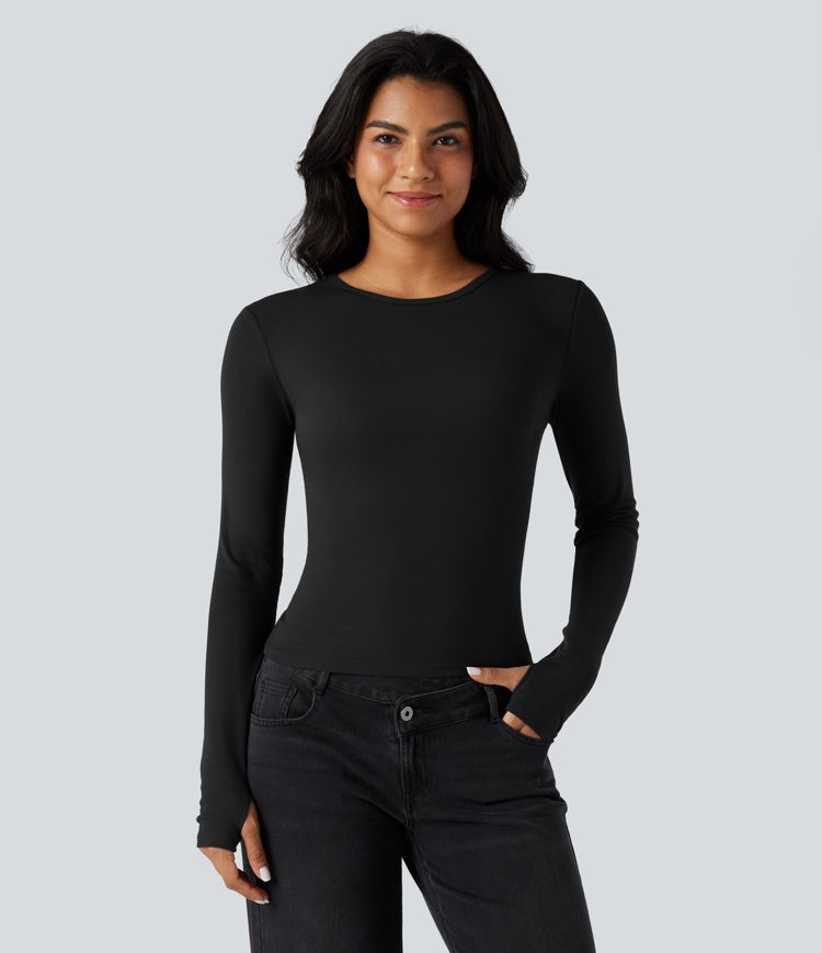 Round Neck Long Sleeve Thumb Holes Casual Wool-Blend Top