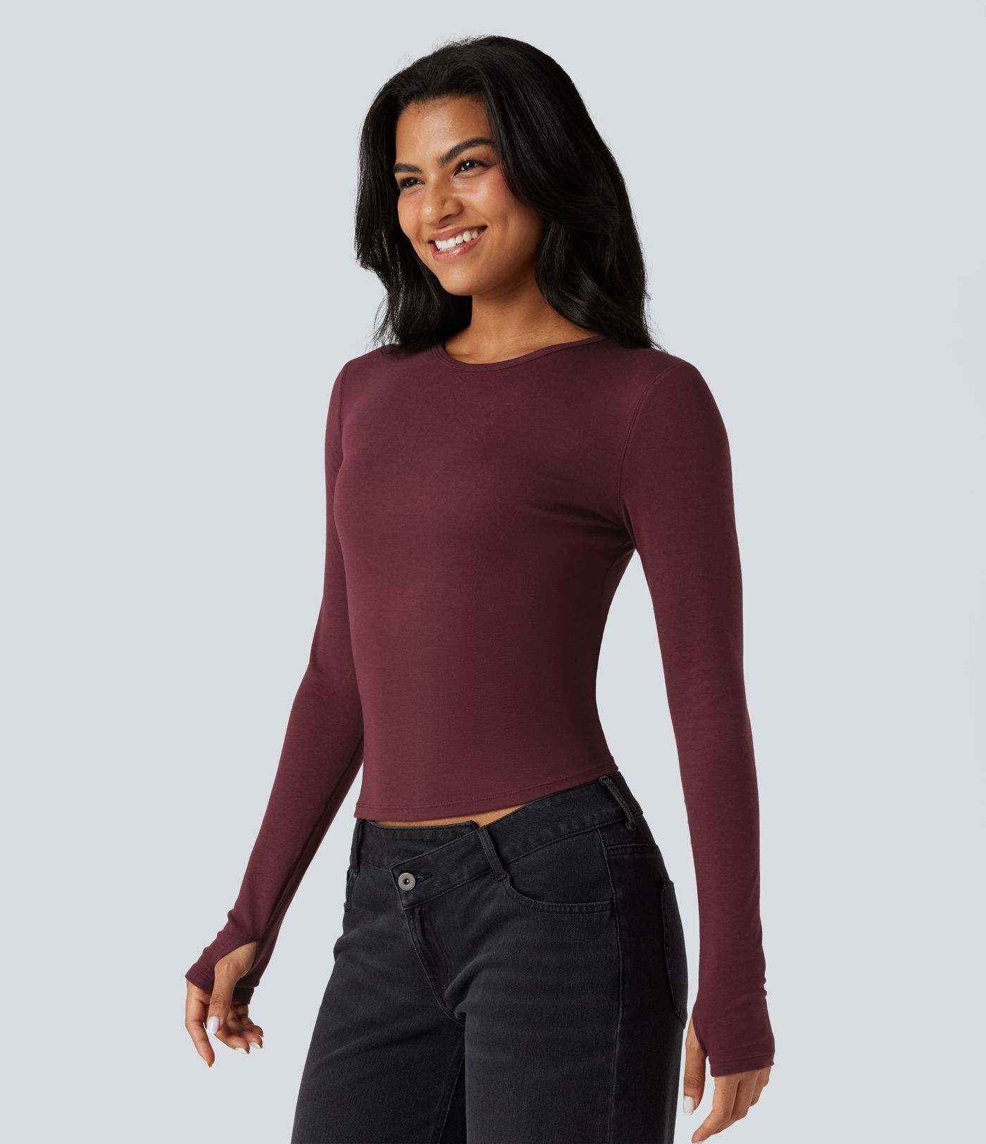 Round Neck Long Sleeve Thumb Holes Casual Wool-Blend Top