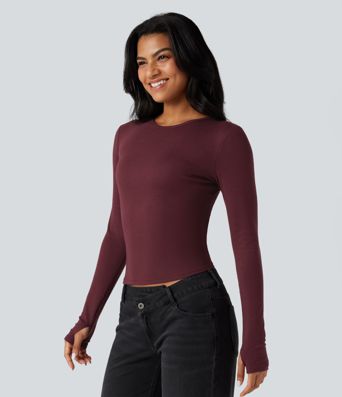 Round Neck Long Sleeve Thumb Holes Casual Wool-Blend Top