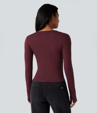 Round Neck Long Sleeve Thumb Holes Casual Wool-Blend Top