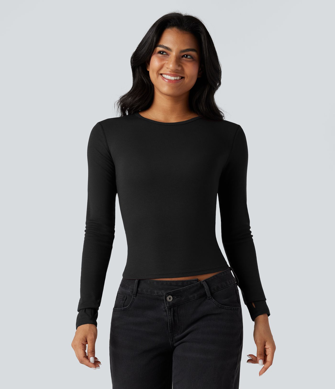 Round Neck Long Sleeve Thumb Holes Casual Wool-Blend Top