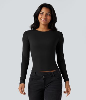 Round Neck Long Sleeve Thumb Holes Casual Wool-Blend Top