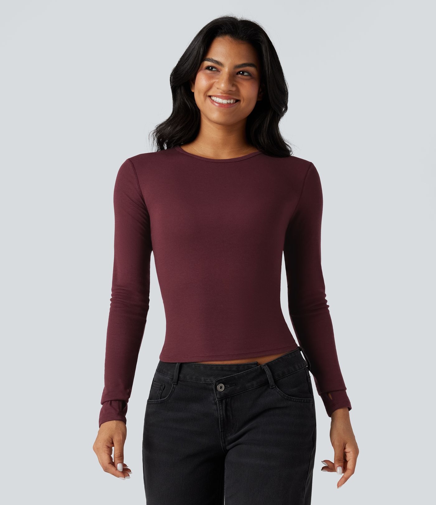 Round Neck Long Sleeve Thumb Holes Casual Wool-Blend Top