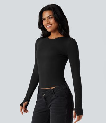 Round Neck Long Sleeve Thumb Holes Casual Wool-Blend Top