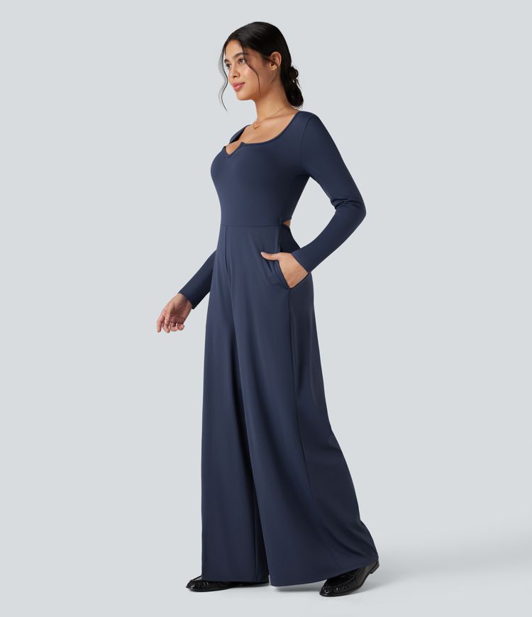 SoftlyZero™ Airy Notched Long Sleeve Cut Out Cool Touch Work Jumpsuit with Pockets-Easy Peezy Edition