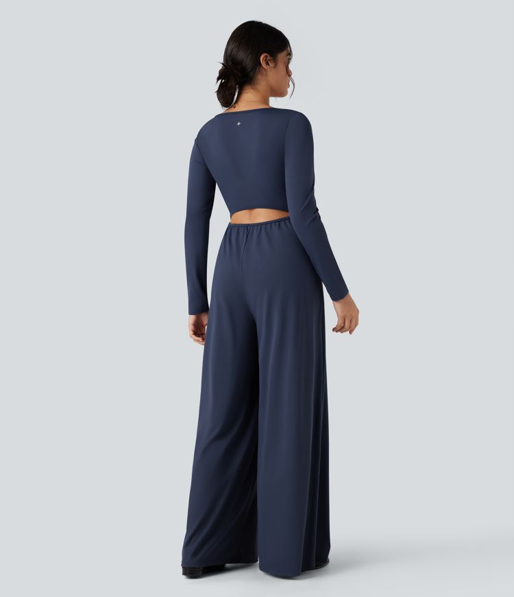 SoftlyZero™ Airy Notched Long Sleeve Cut Out Cool Touch Work Jumpsuit with Pockets-Easy Peezy Edition