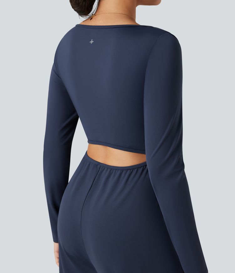 SoftlyZero™ Airy Notched Long Sleeve Cut Out Cool Touch Work Jumpsuit with Pockets-Easy Peezy Edition