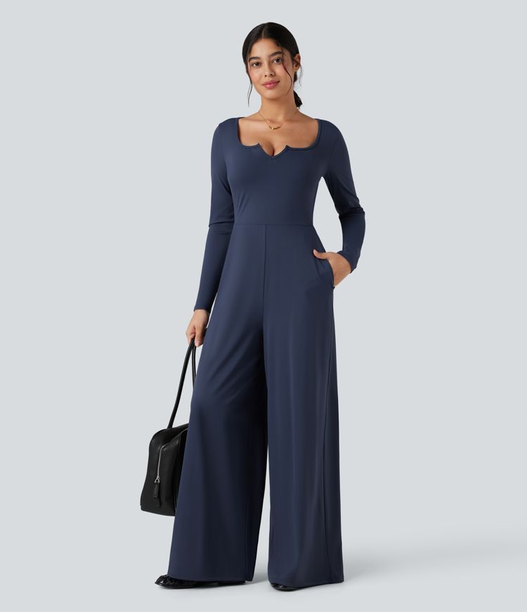 SoftlyZero™ Airy Notched Long Sleeve Cut Out Cool Touch Work Jumpsuit with Pockets-Easy Peezy Edition