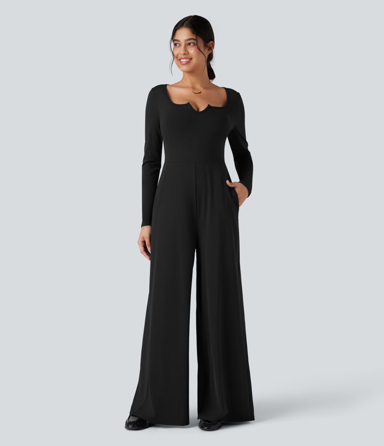 SoftlyZero™ Airy Notched Long Sleeve Cut Out Cool Touch Work Jumpsuit with Pockets-Easy Peezy Edition