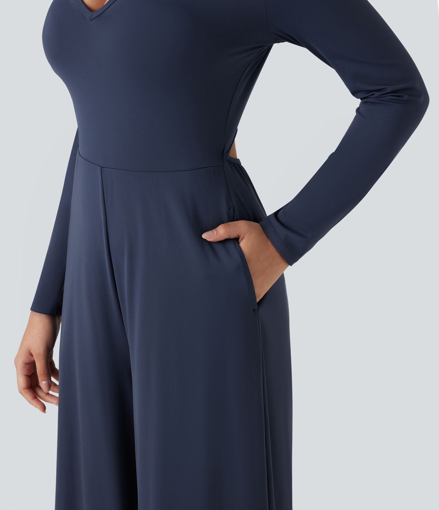 SoftlyZero™ Airy Notched Long Sleeve Cut Out Cool Touch Work Jumpsuit with Pockets-Easy Peezy Edition