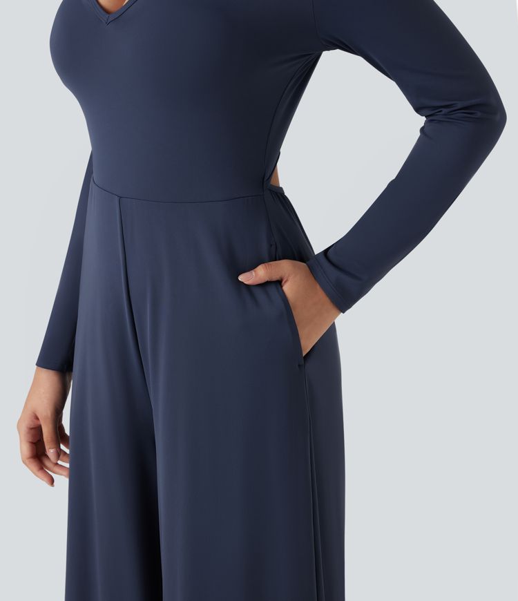 SoftlyZero™ Airy Notched Long Sleeve Cut Out Cool Touch Work Jumpsuit with Pockets-Easy Peezy Edition