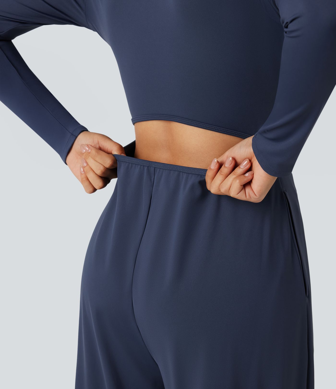 SoftlyZero™ Airy Notched Long Sleeve Cut Out Cool Touch Work Jumpsuit with Pockets-Easy Peezy Edition
