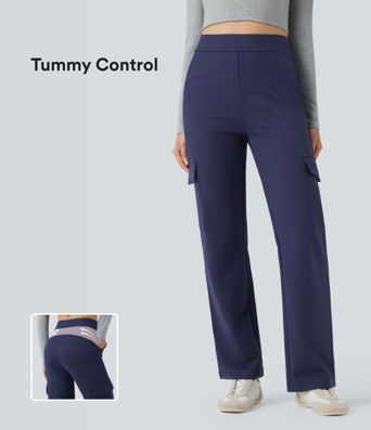 Pantalones cargo casuales de pierna recta con control de abdomen y bolsillos de cintura alta