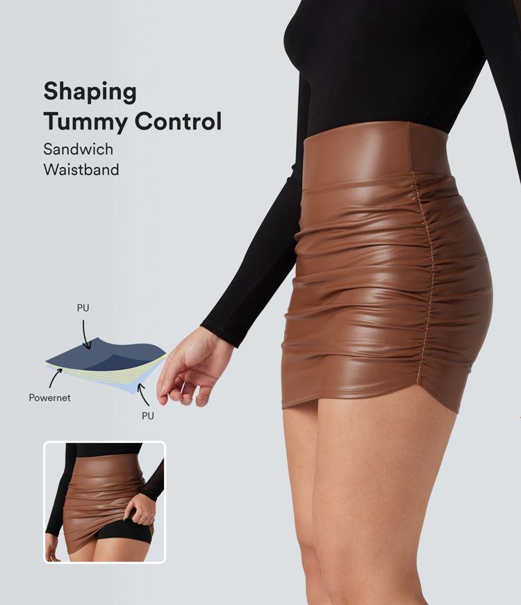 SoCinched High Waisted Tummy Control Ruched Curved Hem 2-in-1 Fleece PU Mini Bodycon Skirt