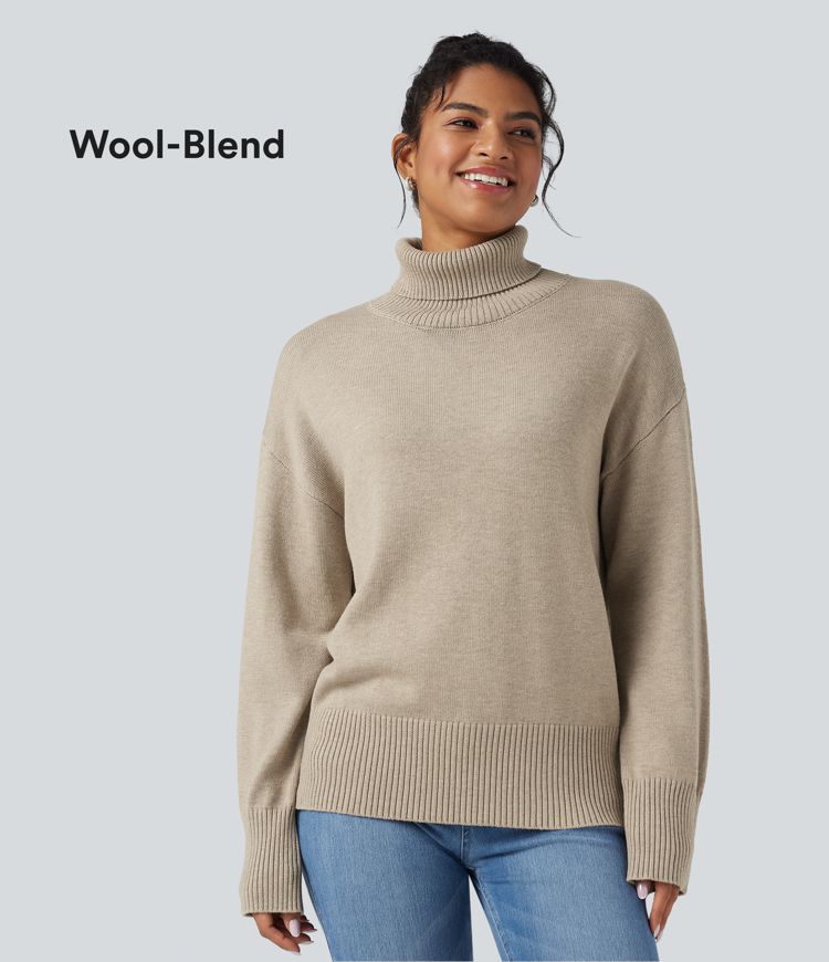 High Neck Long Sleeve Work Wool-Blend Sweater