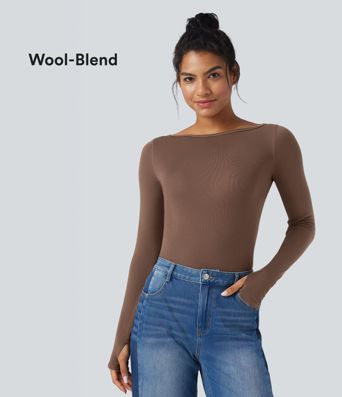 Top casual de lana con escote barco, mangas largas y buttura para pulgar