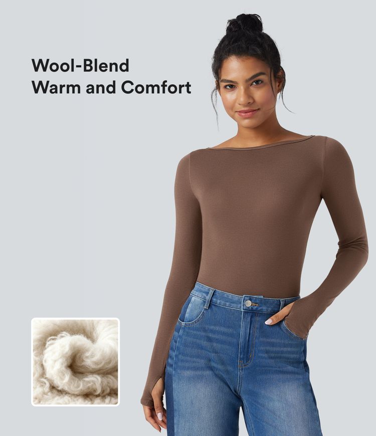 Boat Neck Long Sleeve Thumb Hole Casual Wool-Blend Top