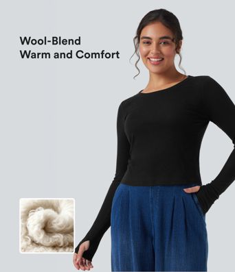 Top laine col échancré manches longues avec trous pouces