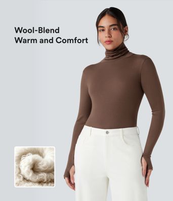 Mock-neck Long Sleeve Thumb Holes Slim Fit Casual Wool-Blend Tops