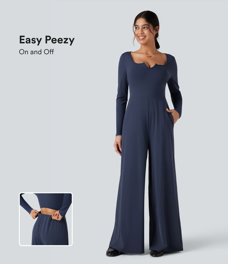 SoftlyZero™ Airy Notched Long Sleeve Cut Out Cool Touch Work Jumpsuit with Pockets-Easy Peezy Edition