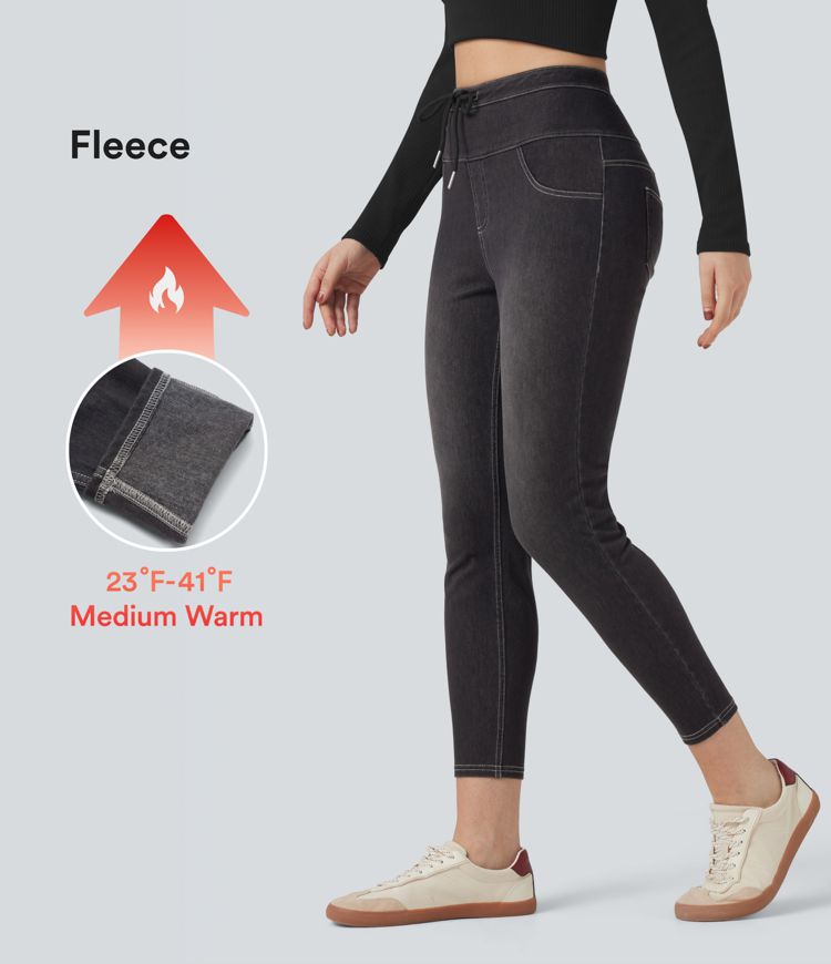 Halara Flex™ High Waisted Drawstring Fleece Denim Casual 7/8 Leggings with Pockets