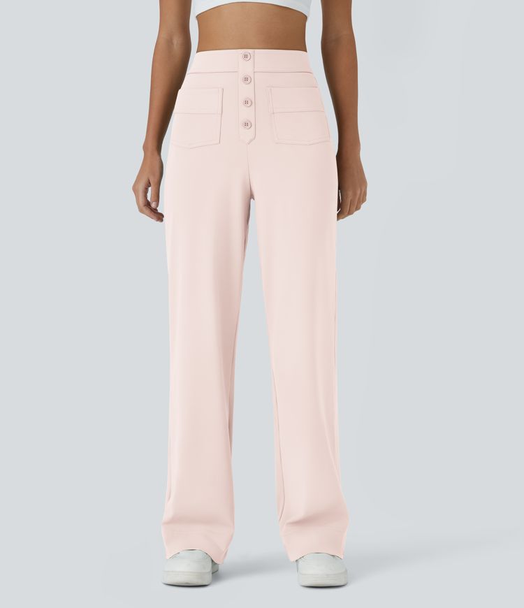 Pantalon Droit Casual Taille Haute avec Boutons et Multipoches