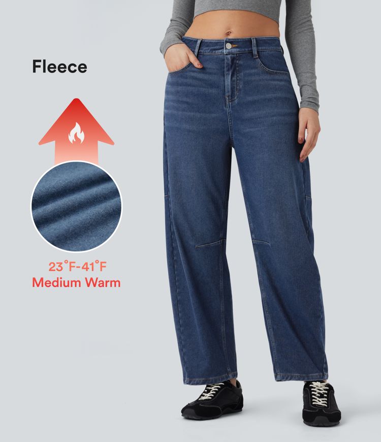 Halara Flex™ Mid Rise Barrel Leg Fleece Casual Jeans with Pockets