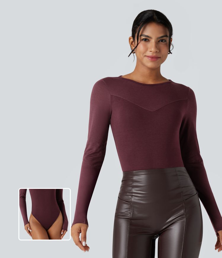 Round Neck Long Sleeve Contrast Skinny Casual Bodysuit