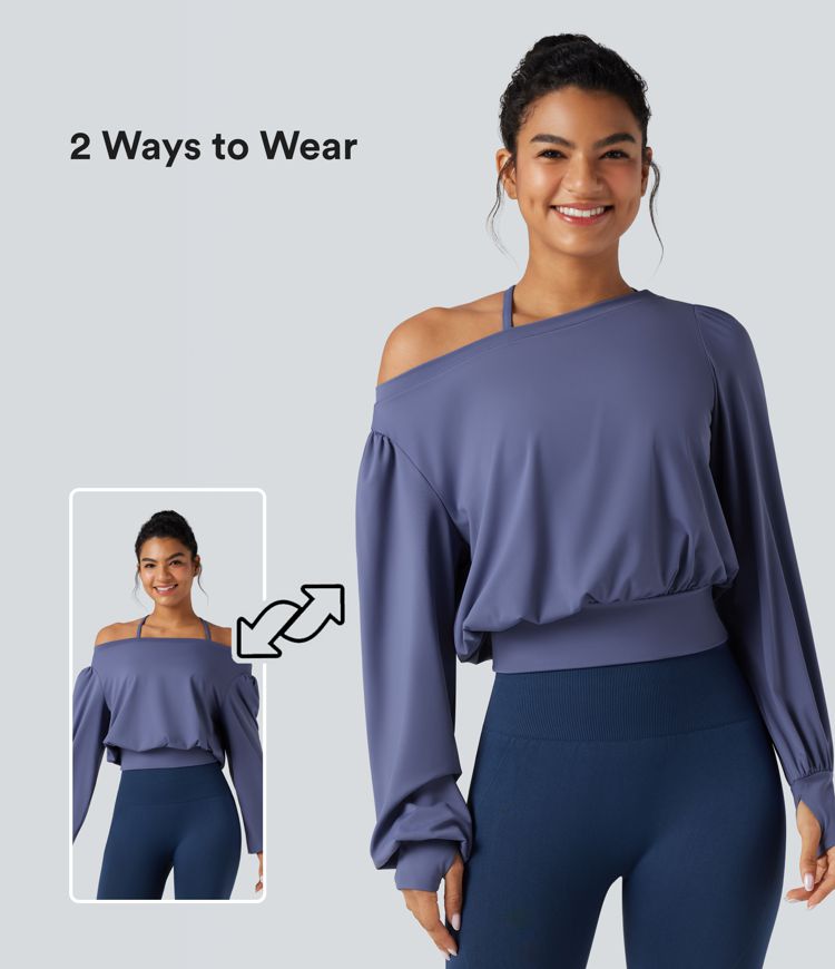 SoftlyZero™ Airy Off-shoulder Long Sleeve Thumb Holes 2-in-1 Yoga Sports Top