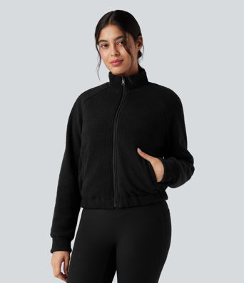 Reversible High Neck Long Sleeve Fleece Hiking Jacket with Pockets (Two Looks in One)