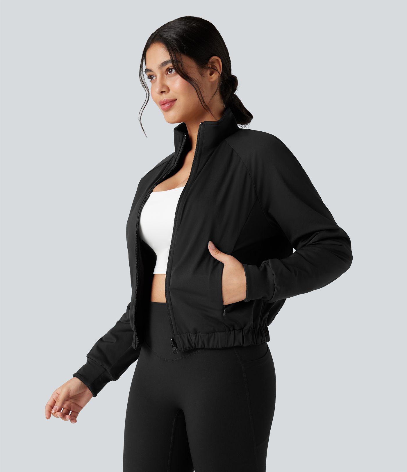 Reversible High Neck Long Sleeve Fleece Hiking Jacket with Pockets (Two Looks in One)