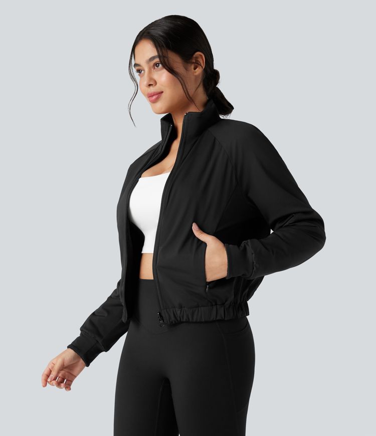 Reversible High Neck Long Sleeve Fleece Hiking Jacket with Pockets (Two Looks in One)