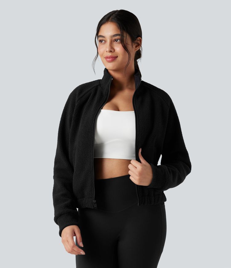 Reversible High Neck Long Sleeve Fleece Hiking Jacket with Pockets (Two Looks in One)