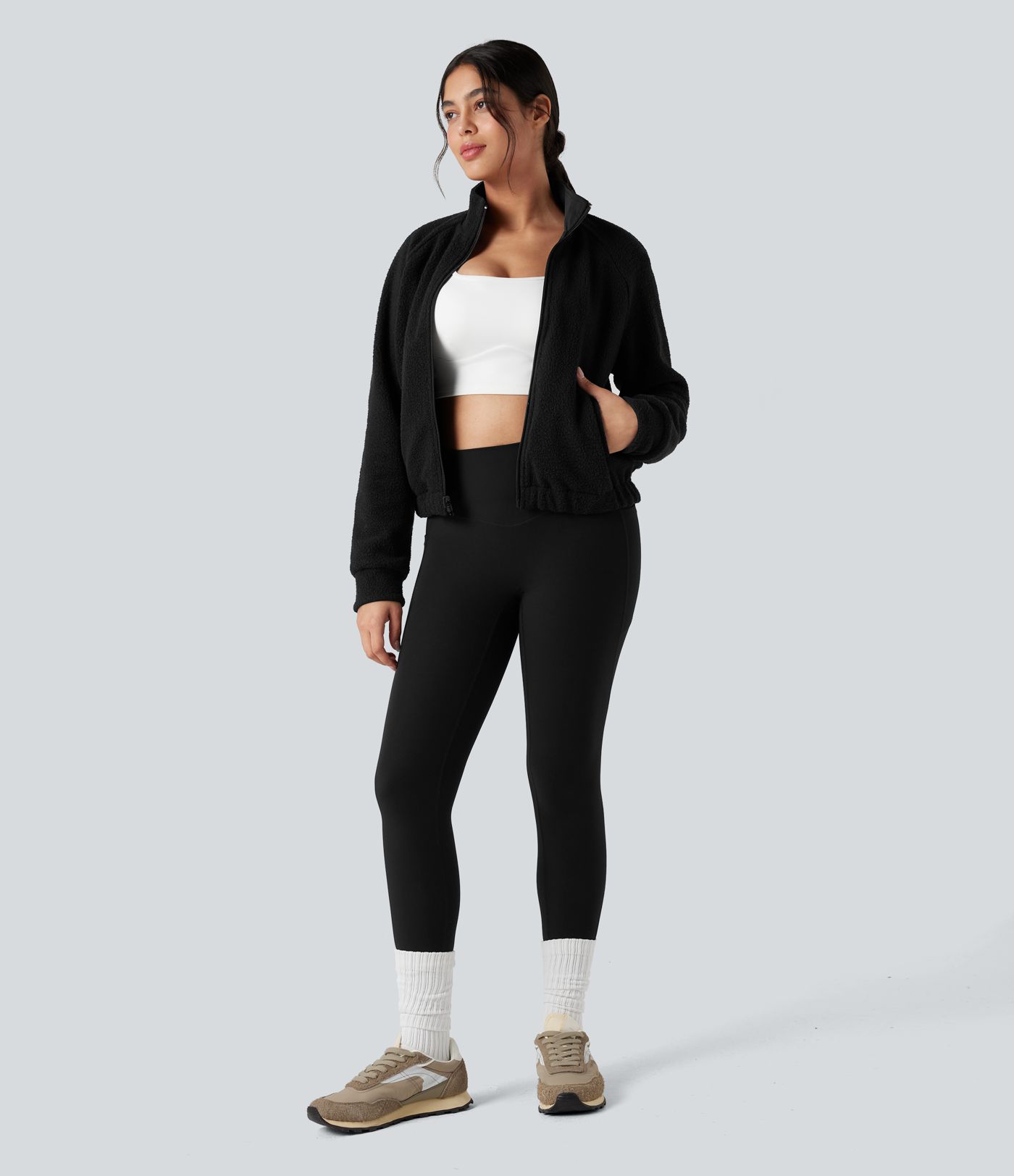 Reversible High Neck Long Sleeve Fleece Hiking Jacket with Pockets (Two Looks in One)