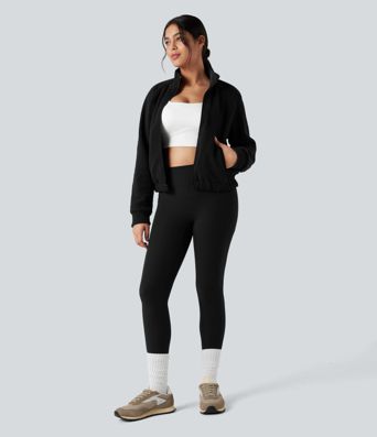 Reversible High Neck Long Sleeve Fleece Hiking Jacket with Pockets (Two Looks in One)