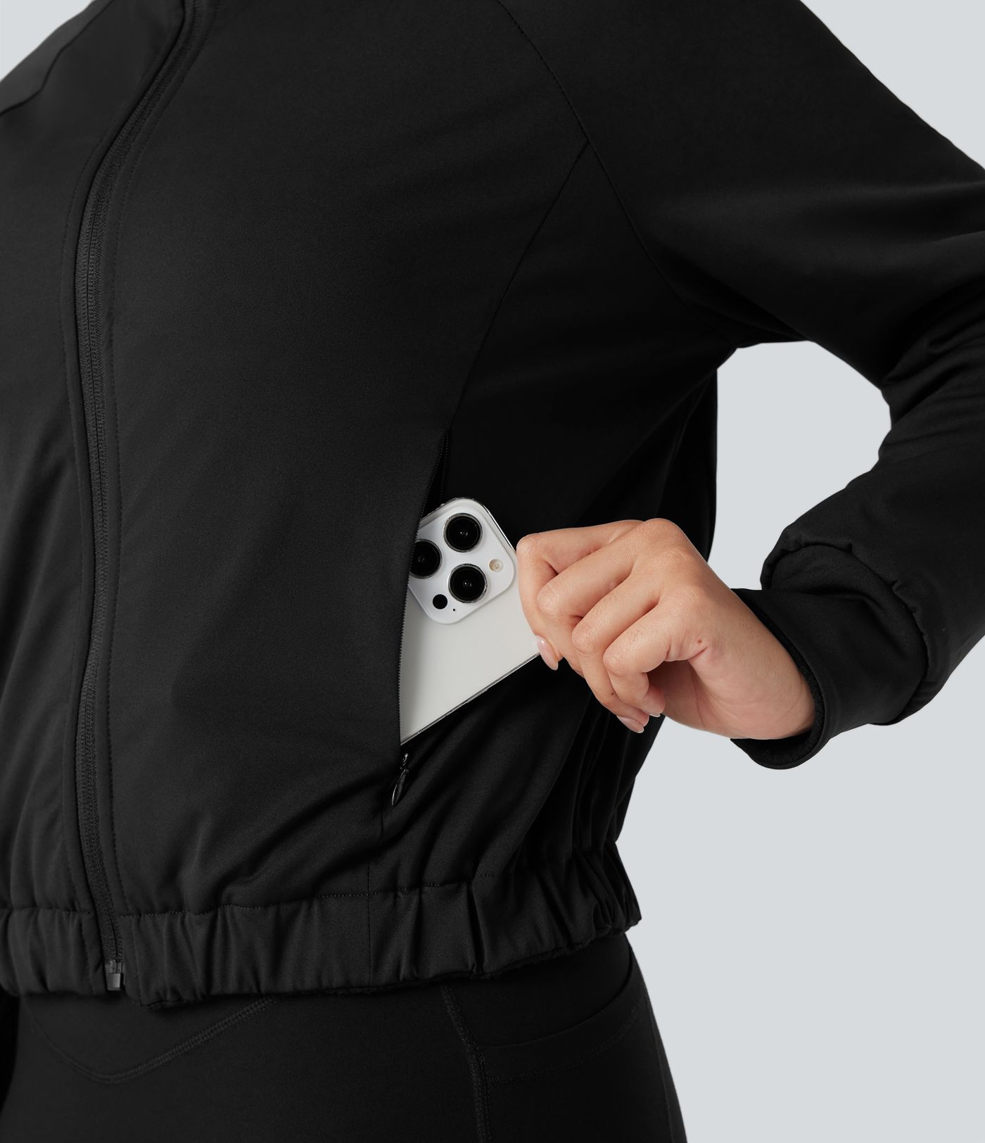 Reversible High Neck Long Sleeve Fleece Hiking Jacket with Pockets (Two Looks in One)