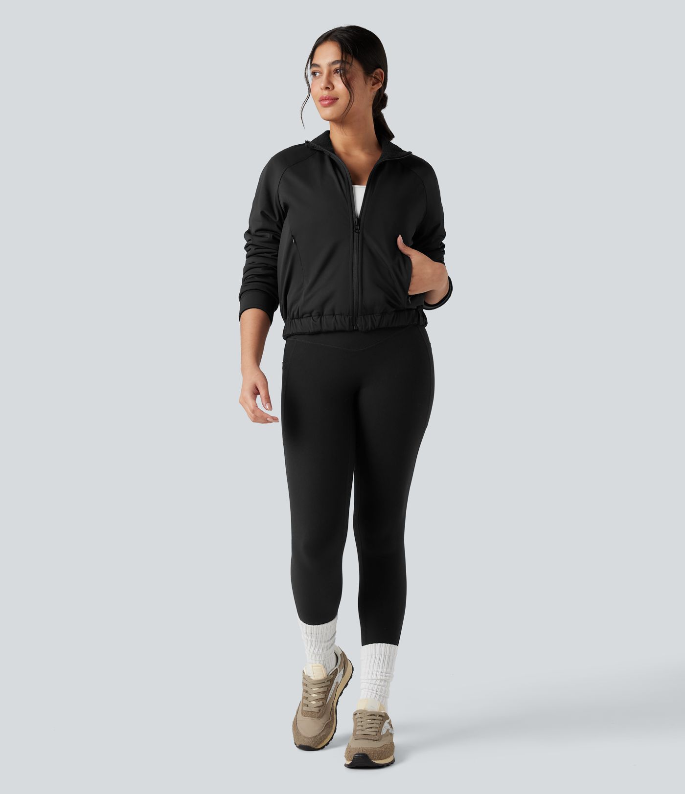 Reversible High Neck Long Sleeve Fleece Hiking Jacket with Pockets (Two Looks in One)