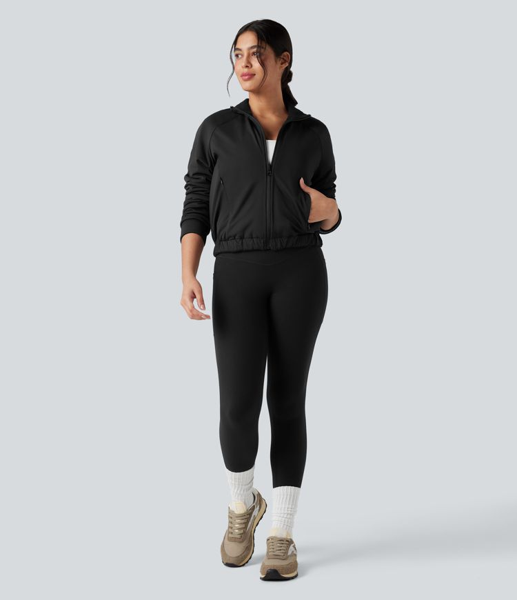 Reversible High Neck Long Sleeve Fleece Hiking Jacket with Pockets (Two Looks in One)