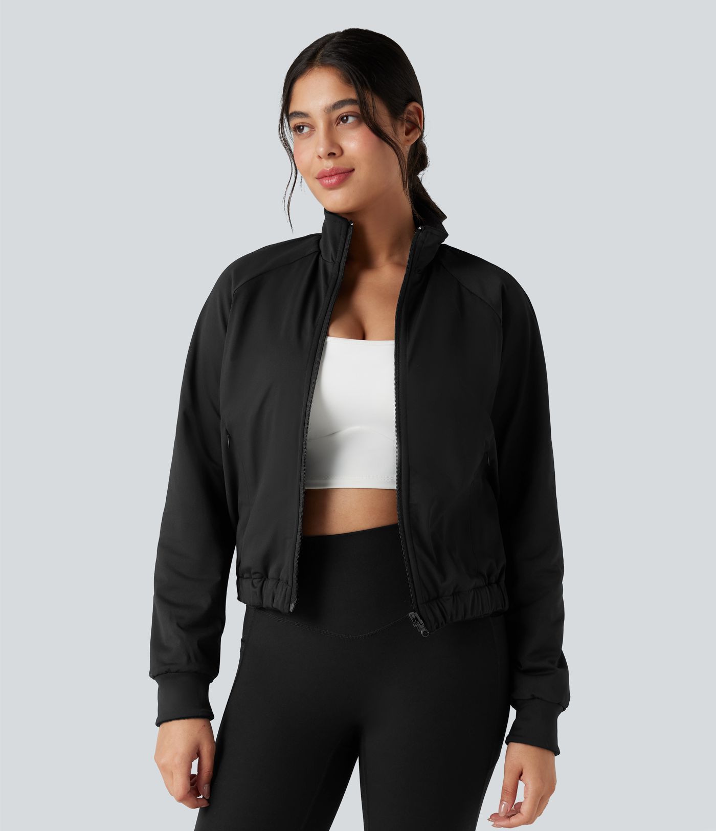 Reversible High Neck Long Sleeve Fleece Hiking Jacket with Pockets (Two Looks in One)