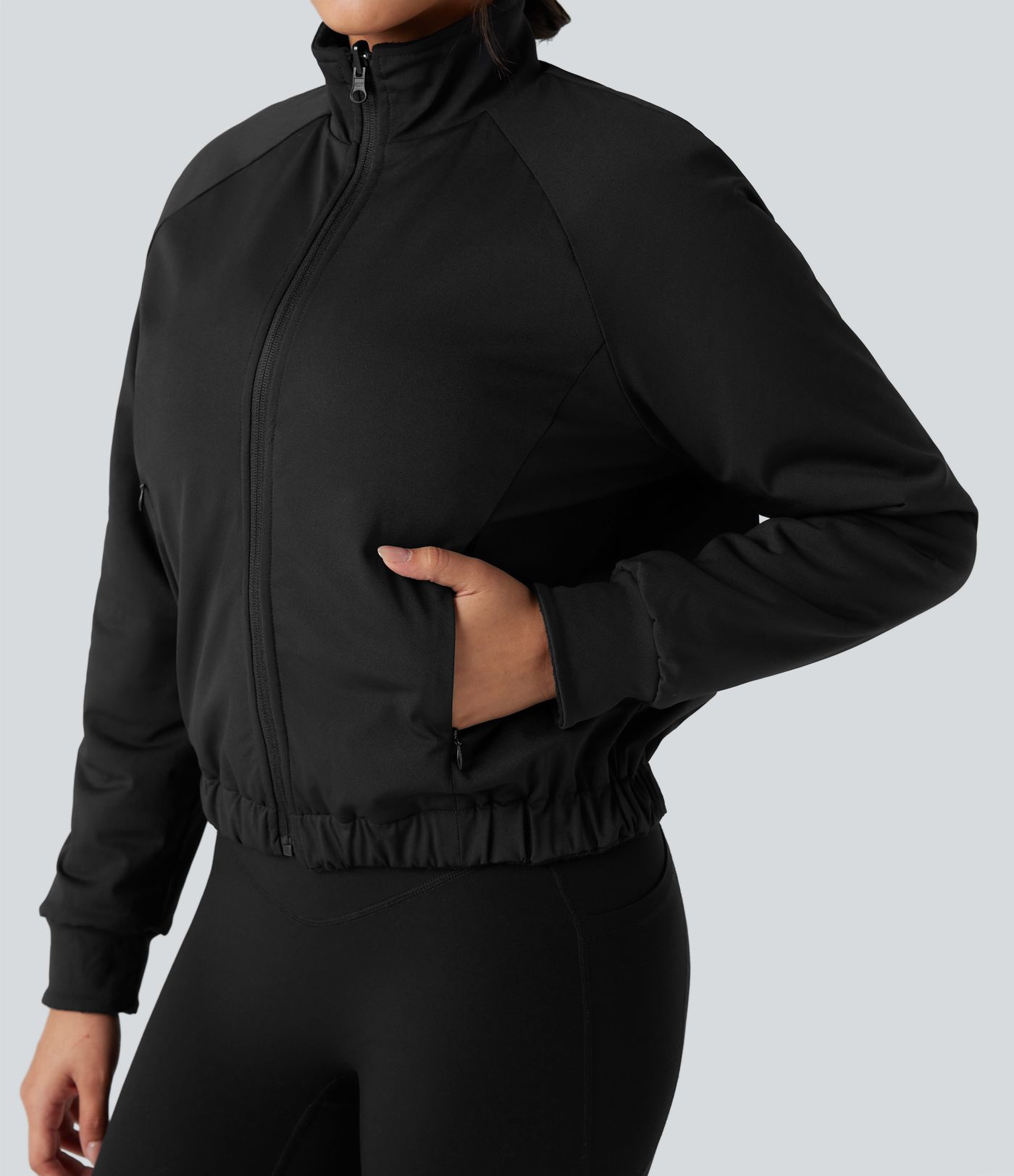 Reversible High Neck Long Sleeve Fleece Hiking Jacket with Pockets (Two Looks in One)