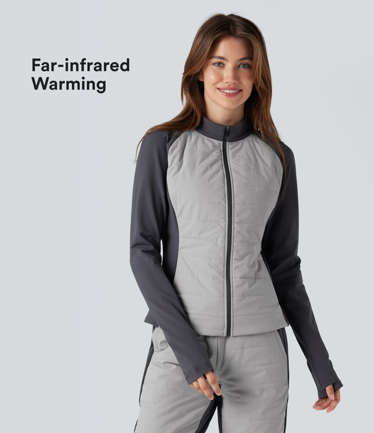 Stand Collar Thumb Holes Color Block Fleece Slim Hiking Padded Jacket with Pockets