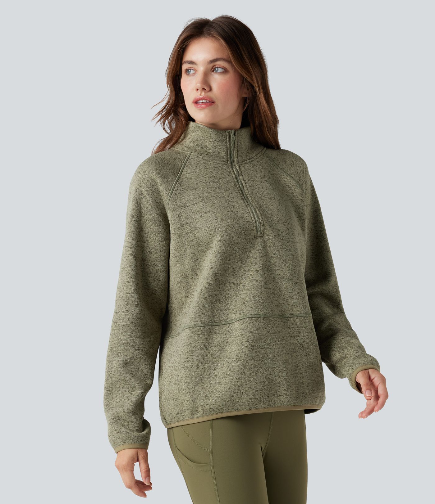 Stand Collar Half Zip Fleece Hiking Heathered Sweatshirt