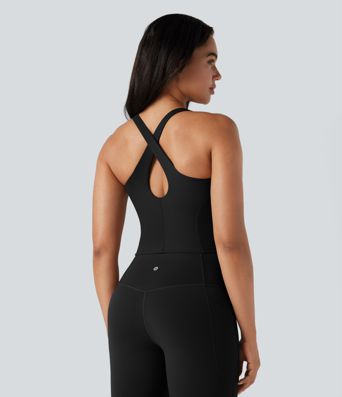 Halara UltraSculpt™ 2-i-1 yogatop med dyb V-hals, formstøbte spacer-indlæg og krydsryg