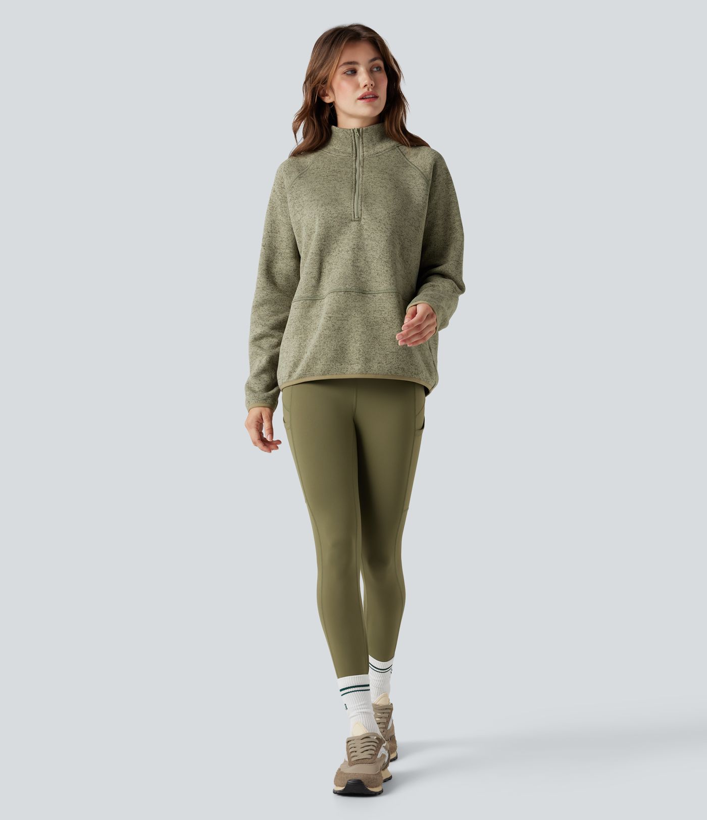 Stand Collar Half Zip Fleece Hiking Heathered Sweatshirt