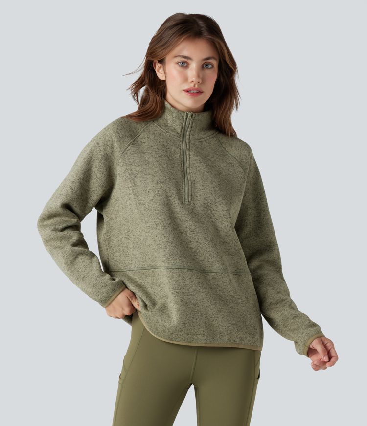 Meliertes Fleece-Wander-Sweatshirt mit Stehkragen und halbem Reißverschluss