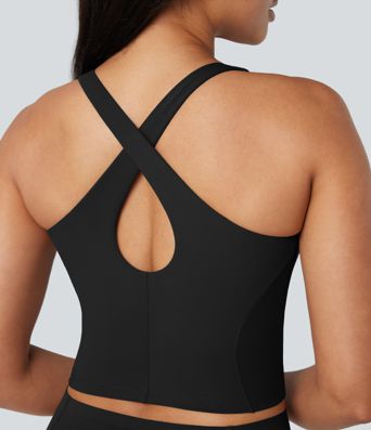 Halara UltraSculpt™ 2-i-1 yogatop med dyb V-hals, formstøbte spacer-indlæg og krydsryg