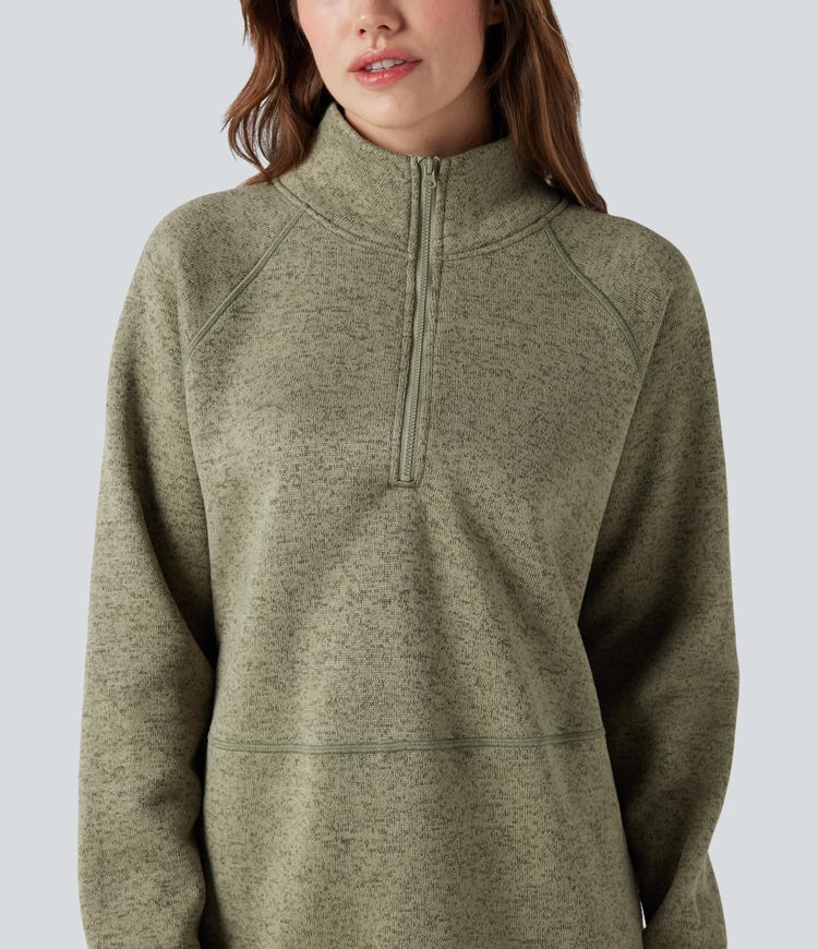 Stand Collar Half Zip Fleece Hiking Heathered Sweatshirt