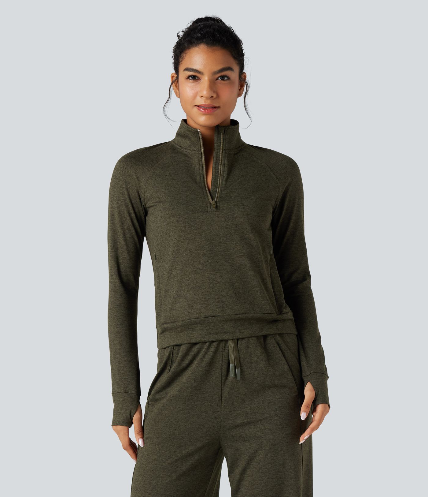 Half Zipper Thumb Holes Quick Dry Fleece Casual Heathered Warming Sweatshirt with Pockets-UPF40+