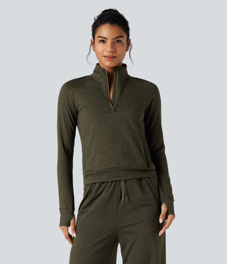 Half Zipper Thumb Holes Quick Dry Fleece Casual Heathered Warming Sweatshirt with Pockets-UPF40+