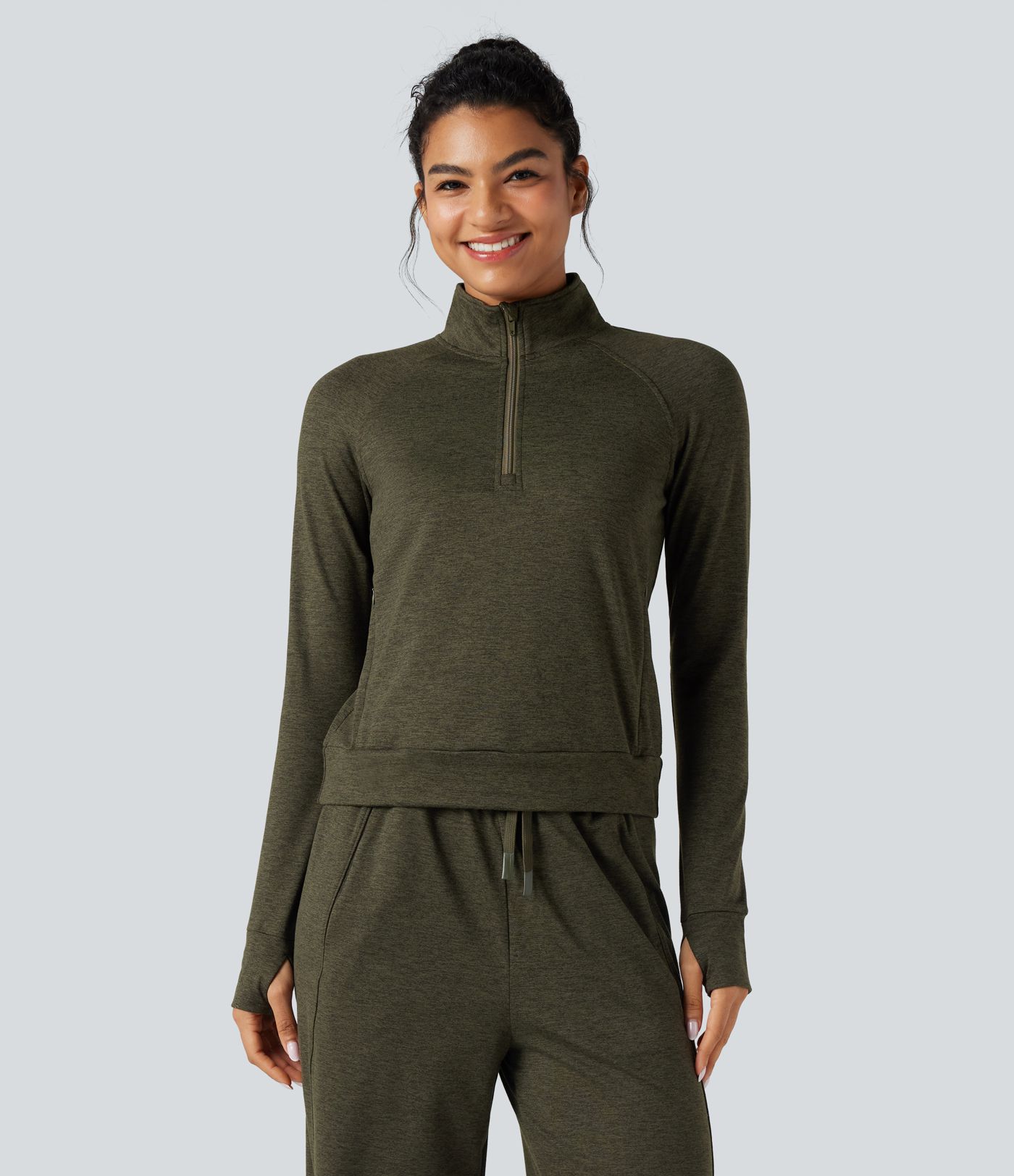 Half Zipper Thumb Holes Quick Dry Fleece Casual Heathered Warming Sweatshirt with Pockets-UPF40+